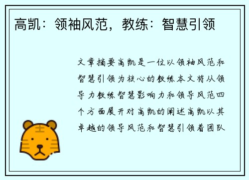 高凯：领袖风范，教练：智慧引领