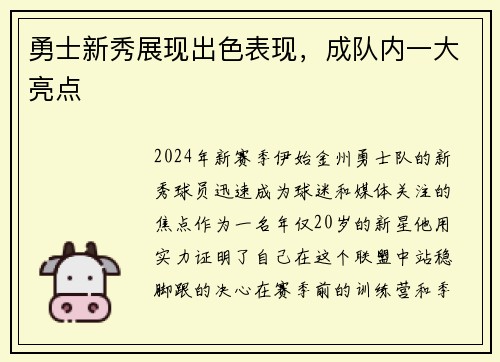 勇士新秀展现出色表现，成队内一大亮点